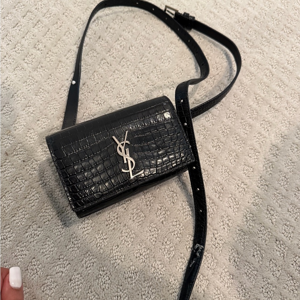 Saint Laurent Black Croc-Embossed Leather Belt Bag